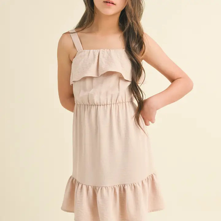 HEART & ARROW STRAPPY RUFFLE DRESS TAN