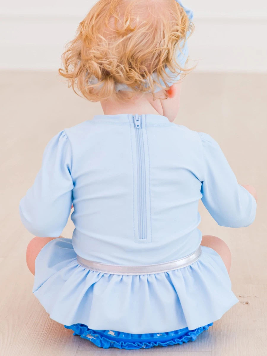 RUFFLEBUTTS GLASS SLIPPER PRINCESS LONG SLEEVE BOW SKIRTED ONE PIECE