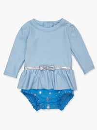 RUFFLEBUTTS GLASS SLIPPER PRINCESS LONG SLEEVE BOW SKIRTED ONE PIECE