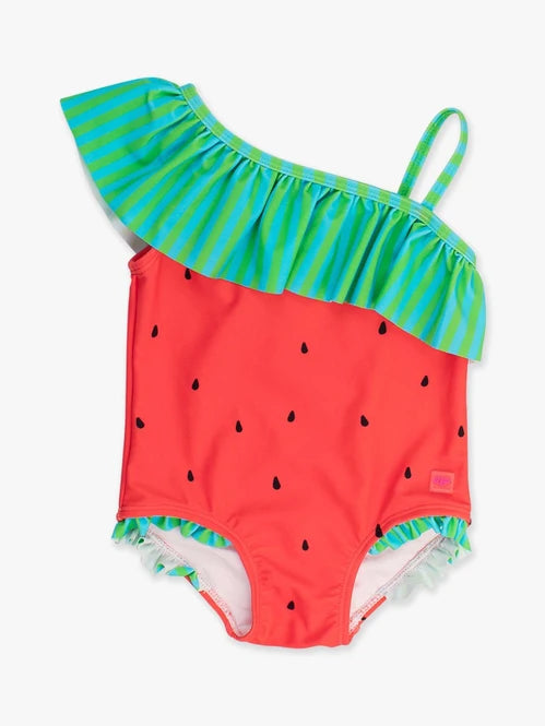 RUFFLEBUTTS WATERMELON ONE SHOULDER RUFFLE ONE PIECE