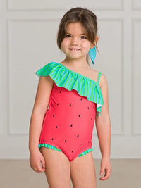 RUFFLEBUTTS WATERMELON ONE SHOULDER RUFFLE ONE PIECE