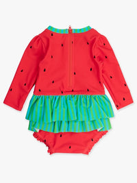 RUFFLEBUTTS WATERMELON LONG SLEEVE SKIRTED ONE PIECE RASH GUARD