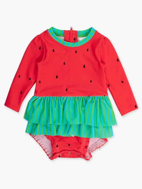 RUFFLEBUTTS WATERMELON LONG SLEEVE SKIRTED ONE PIECE RASH GUARD