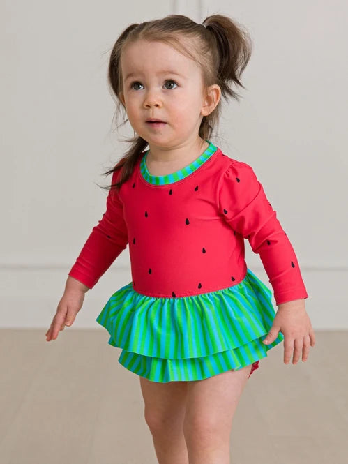 RUFFLEBUTTS WATERMELON LONG SLEEVE SKIRTED ONE PIECE RASH GUARD
