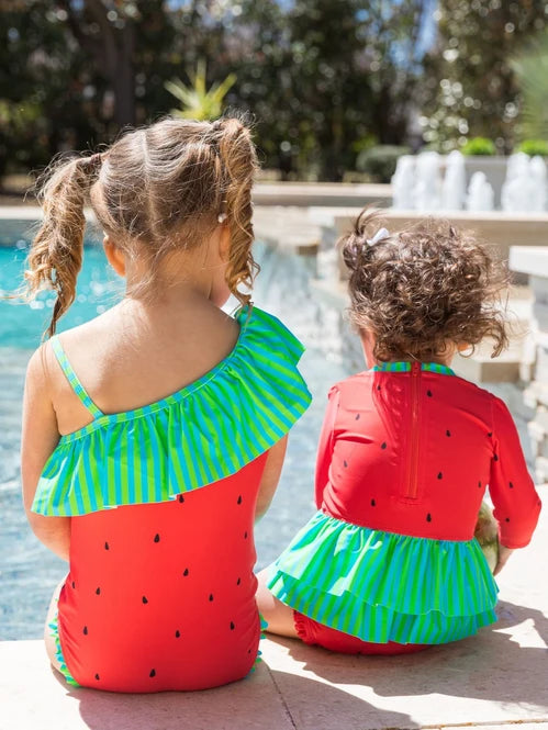 RUFFLEBUTTS WATERMELON LONG SLEEVE SKIRTED ONE PIECE RASH GUARD