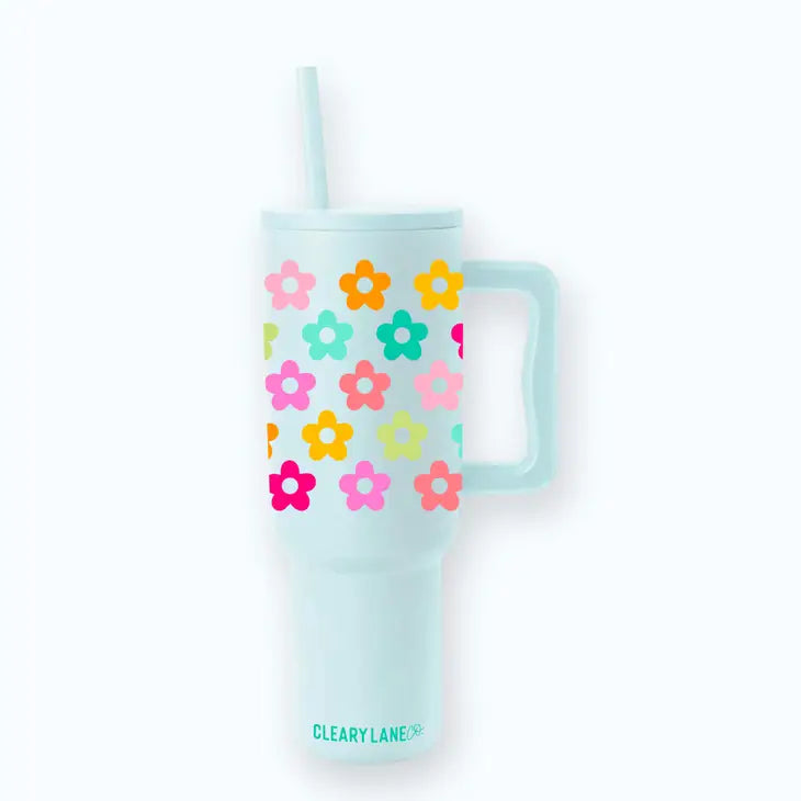 CLEARY LANE 40 OZ TUMBLER WITH HANDLE MINT RAINBOW FLOWERS