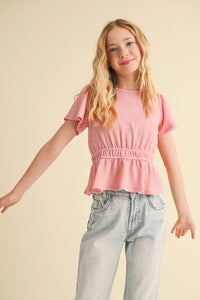 HEART & ARROW TWEEN ROUND NECK FLUTTER SLEEVE PEPLUM TOP