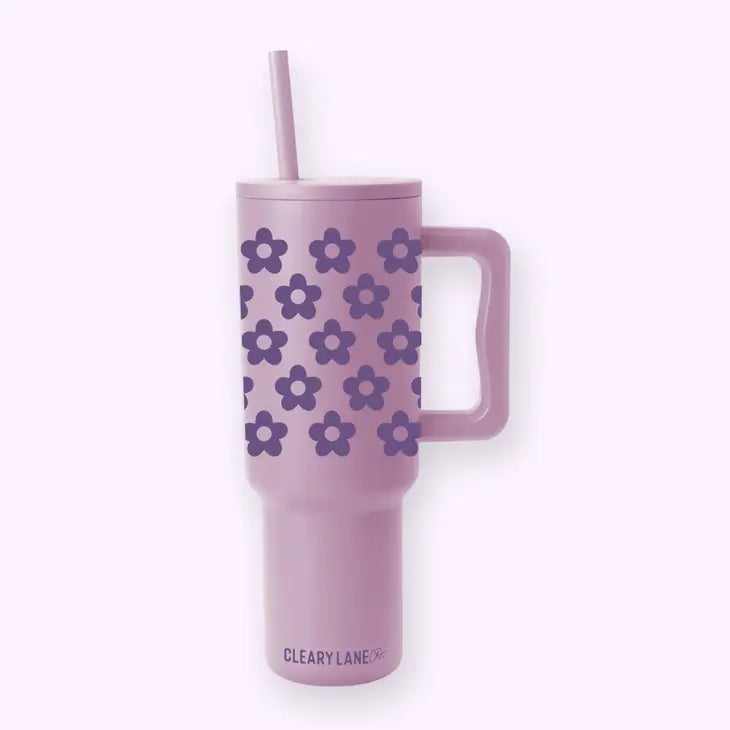 CLEARY LANE 40 OZ TUMBLER WITH HANDLE LAVENDER FLOWERS