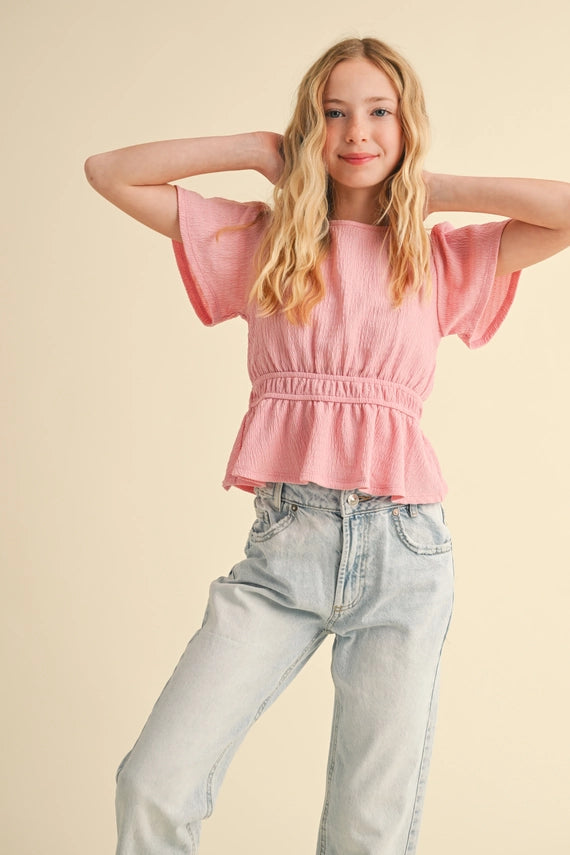 HEART & ARROW TWEEN ROUND NECK FLUTTER SLEEVE PEPLUM TOP