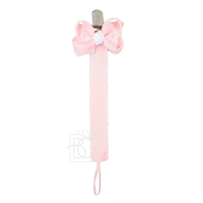BEYOND CREATIONS CROCHET EDGE PACIFIER CLIP WITH DETACHABLE BOW LIGHT PINK WITH WHITE