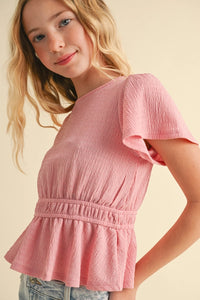 HEART & ARROW TWEEN ROUND NECK FLUTTER SLEEVE PEPLUM TOP