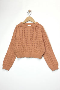 HEART AND ARROW TWEEN CREWNECK WAVY POINTELLE SWEATER RUST