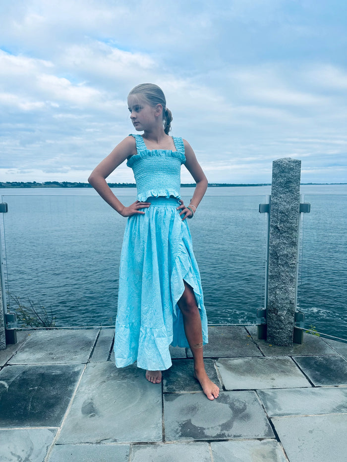 LITTLE OLIN WHITE LONG SMOCKED RUFFLE SKIRT