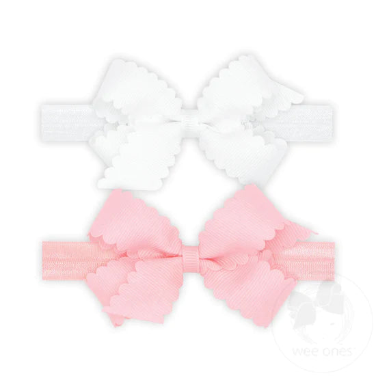 WEE ONES 2PK MINI SCALLOP BOW ON BAND WHT/LPK