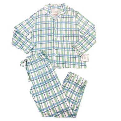 HAMNER HILL WOMENS LAKESIDE BLUE AND GREEN CHECK BUTTON DOWN PANT SET