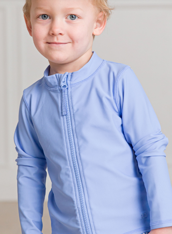RUFFLEBUTTS PERIWINKLE BLUE LONG SLEEVE FULL ZIP RASH GUARD