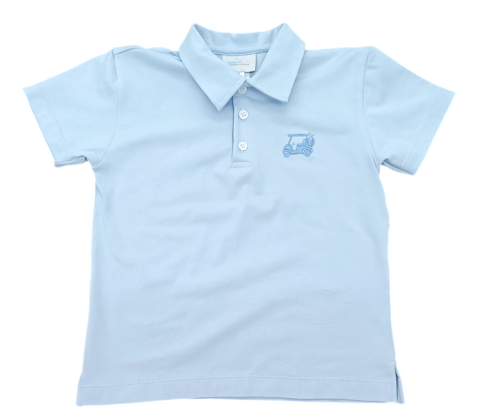 JAMES & LOTTIE LIGHT BLUE POLO WITH GOLF CART LET'S PAR-TEE