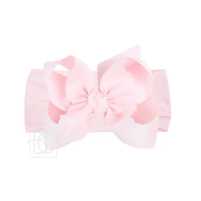 BEYOND CREATIONS WIDE PANTYHOSE HEADBAND 5.5 XL SCALLOPED EDGE BOW POWDER PINK