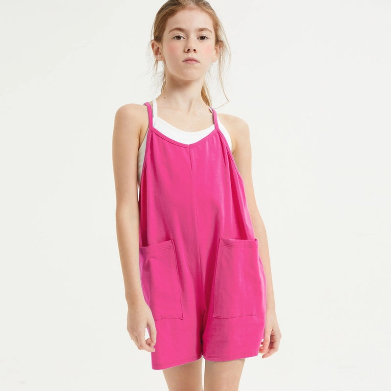 TWO POCKET COTTON OVERALL ROMPER HOT PINK