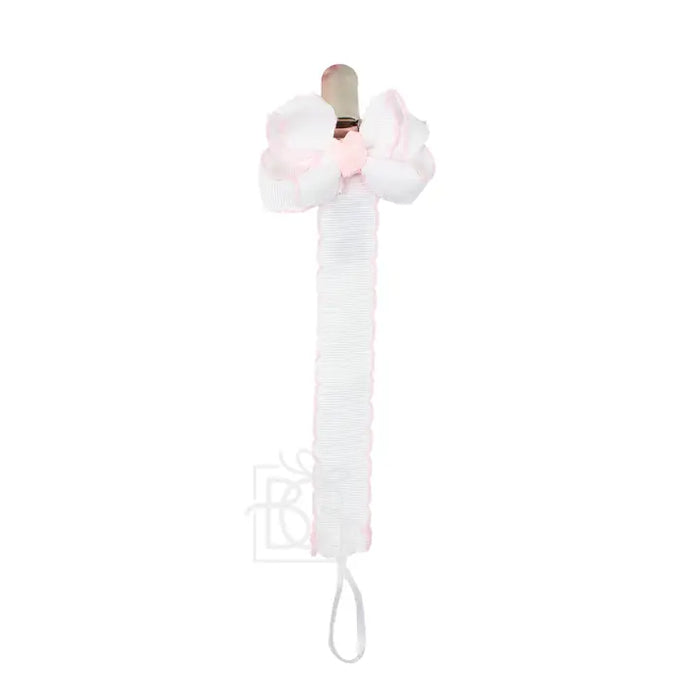 BEYOND CREATIONS CROCHET EDGE PACIFIER CLIP WITH DETACHABLE BOW WHITE/LIGHT PINK