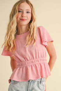 HEART & ARROW TWEEN ROUND NECK FLUTTER SLEEVE PEPLUM TOP