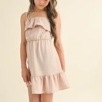 HEART & ARROW STRAPPY RUFFLE DRESS TAN