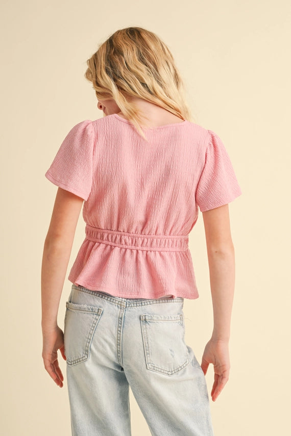 HEART & ARROW TWEEN ROUND NECK FLUTTER SLEEVE PEPLUM TOP