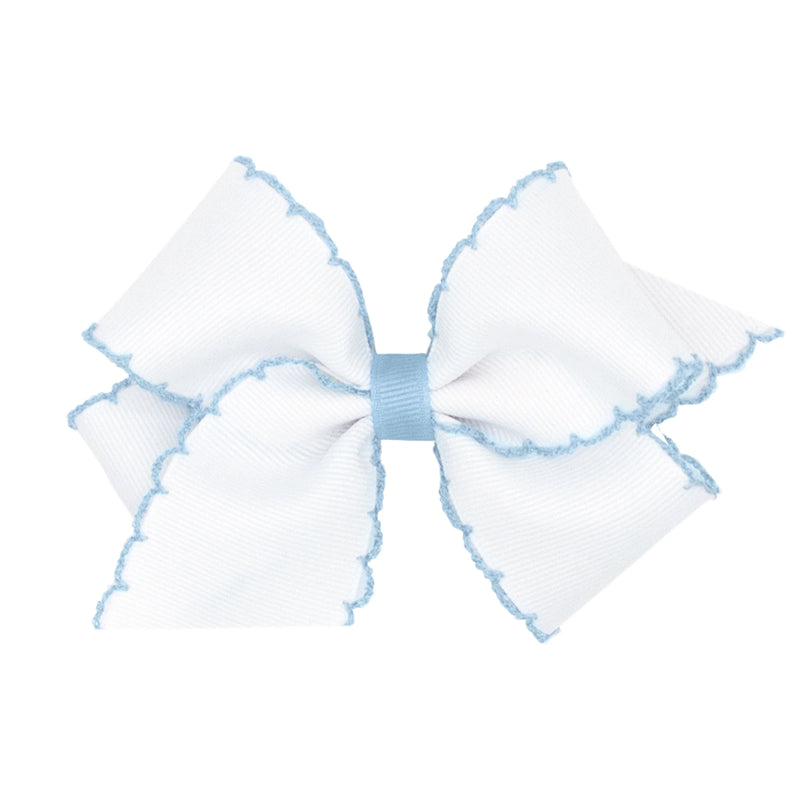 WEE ONES MOONSTITCH GROSGRAIN BOW WHITE WITH MILLENNIUM BLUE STITCHING WHM
