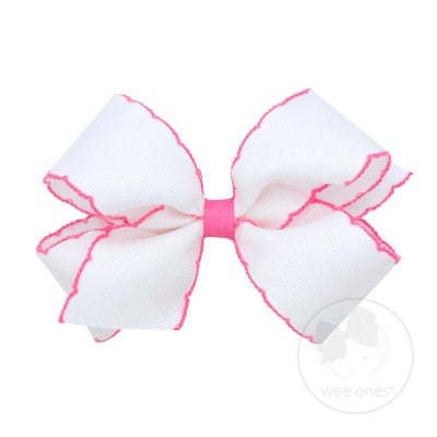 WEE ONES MOONSTITCH GROSGRAIN BOW WHITE WITH HOT PINK STITCHING WHP