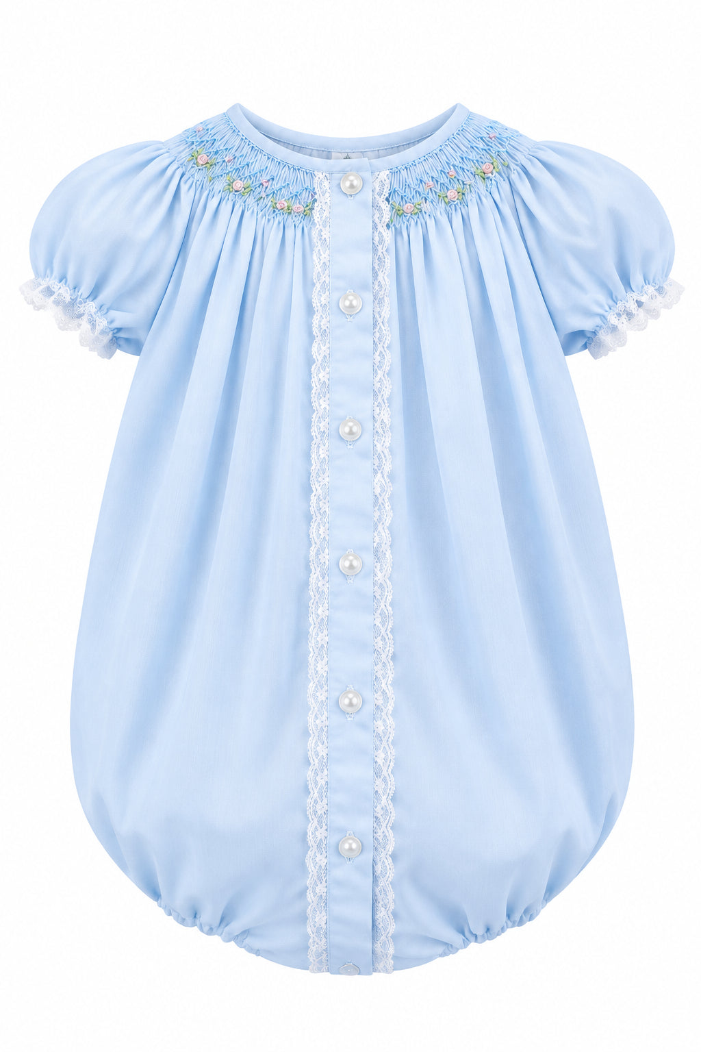 A light blue baby romper with short puff sleeves, a button-down front, lace trim, and delicate floral embroidery at the neckline, hanging on a white hanger against a neutral gray background.