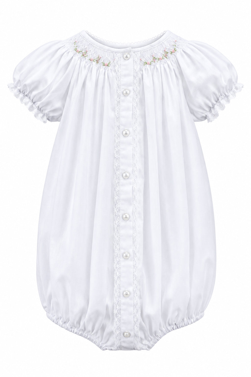 A baby bodysuit with short puff sleeves, lace trim, and a button-down front, hanging on a white hanger against a light gray background.