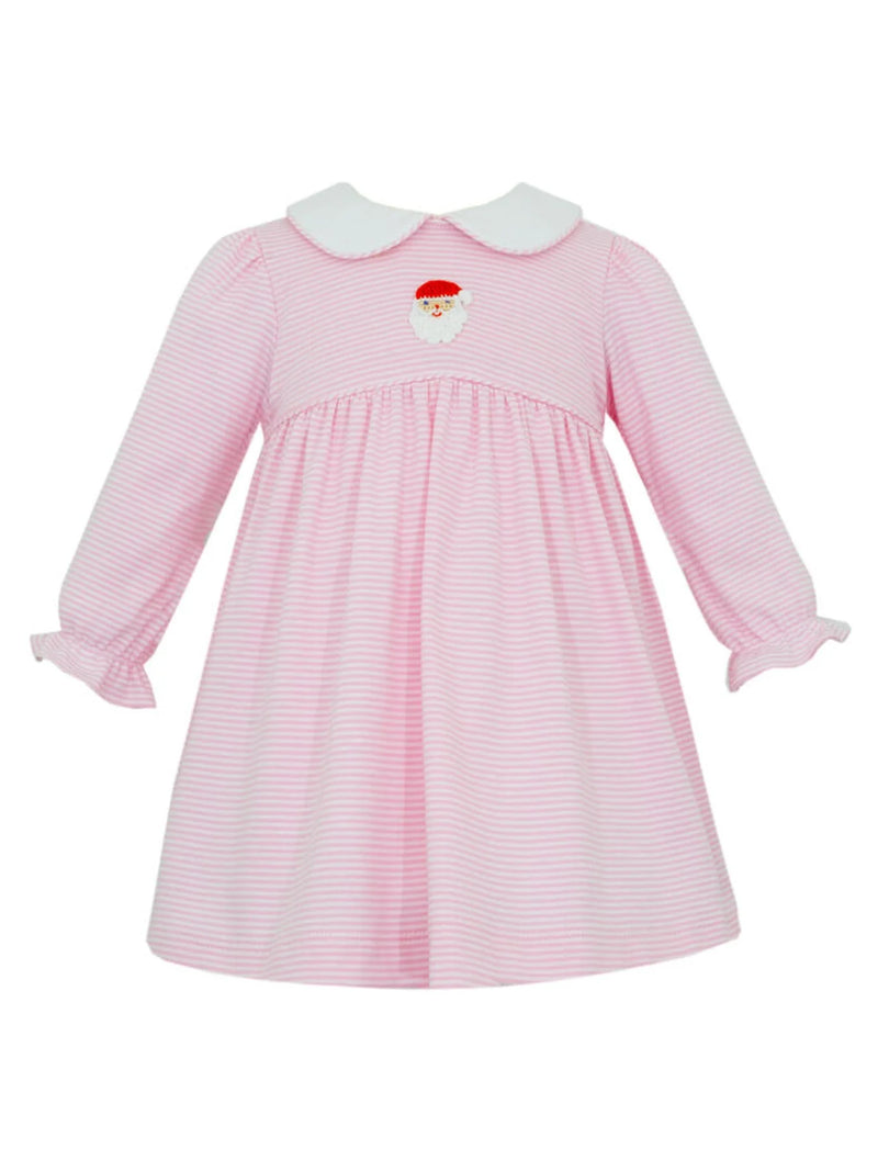 PETIT BEBE SANTA'S FACE PINK & WHITE KNIT STRIPE DRESS