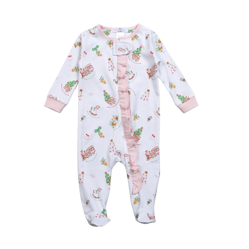 BABY LOREN BABY'S FIRST CHRISTMAS PIMA ZIPPER RUFFLE FOOTIE