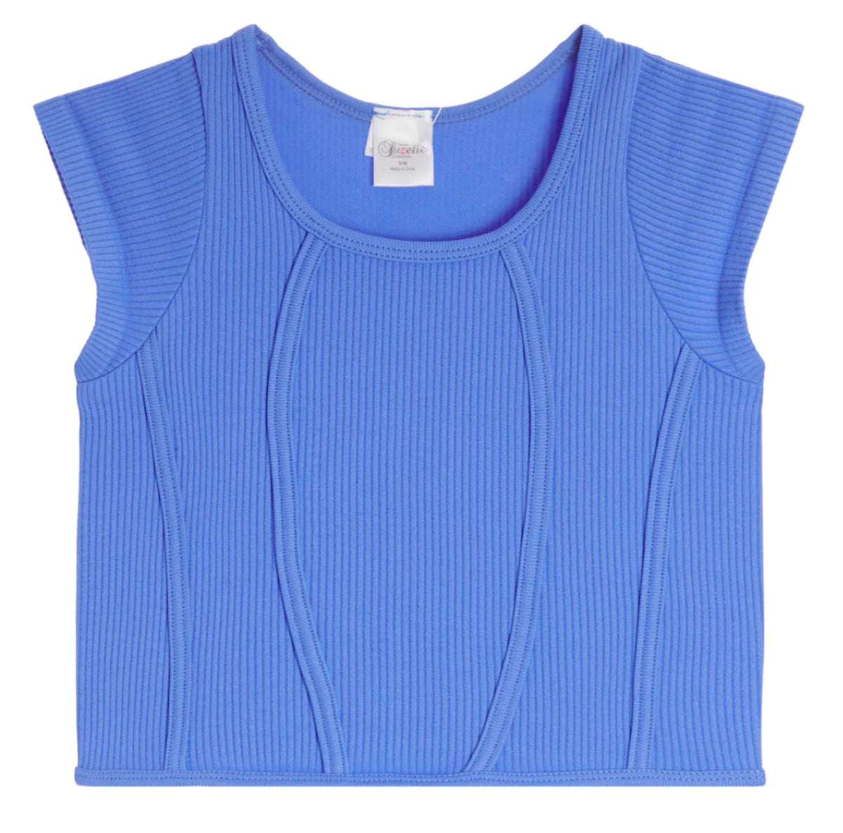 SUZETTE COLLECTION CROPPED RIBBED CAP SLEEVE TOP BLUE WATER