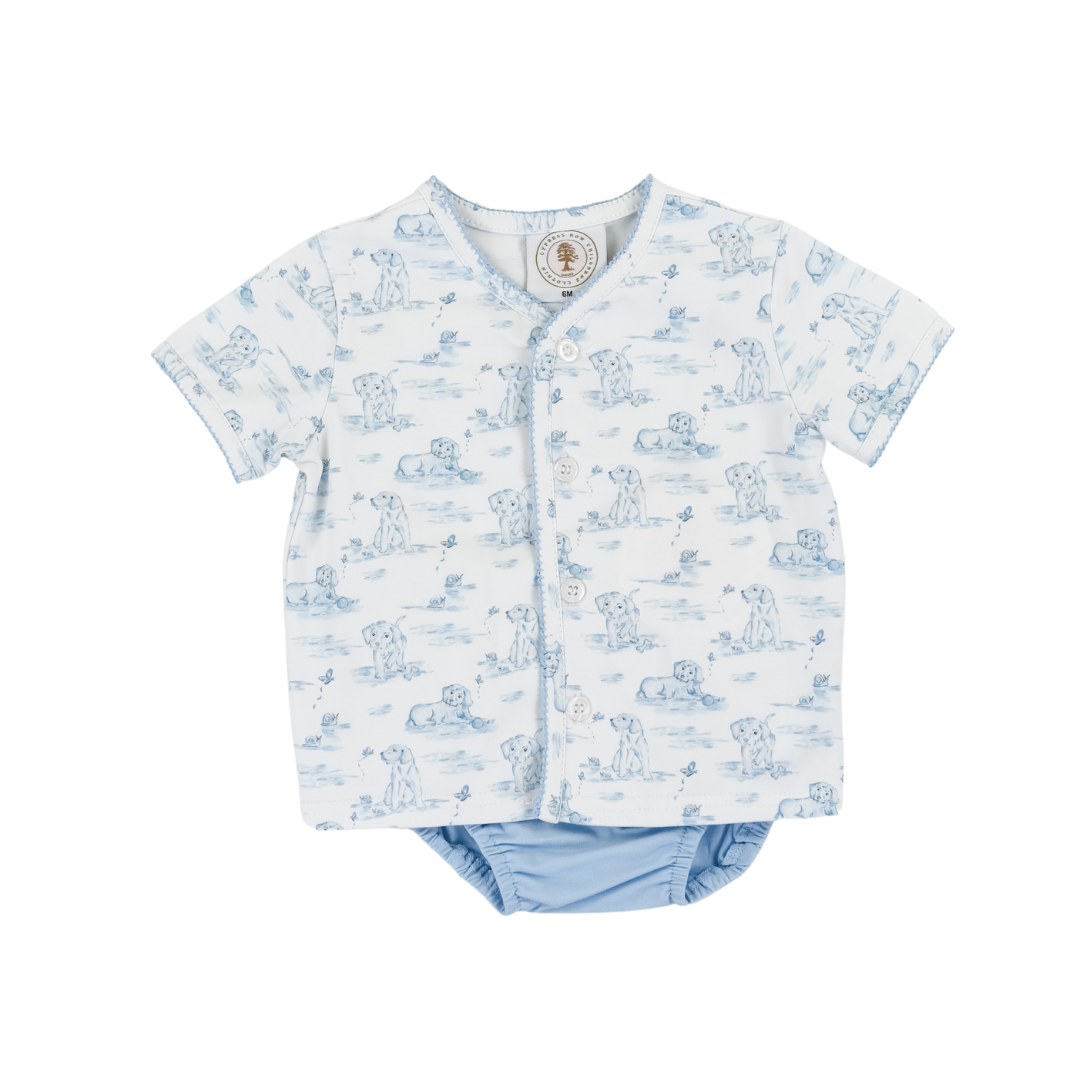Baby outfit with blue and white pattern on a white background