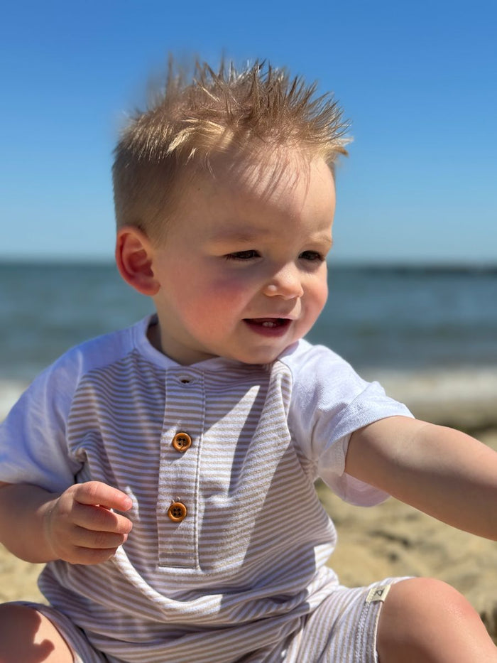 ME & HENRY RAGLAN ROMPER BEIGE/WHITE STRIPE