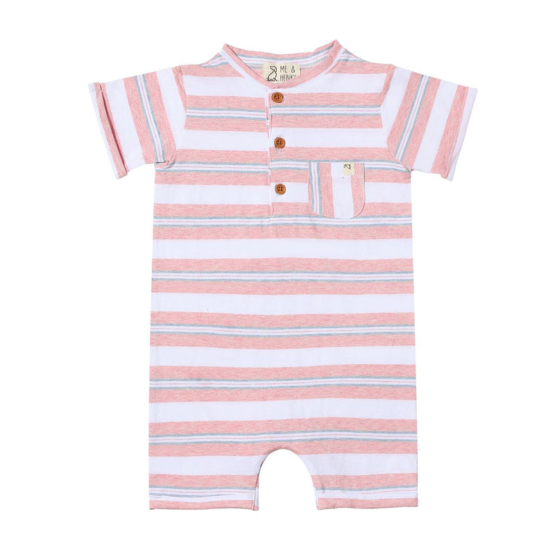 ME & HENRY CAMBORNE HENLEY ROMPER PINK/GREY/WHITE STRIPE RIB