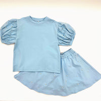 BLENDED SPIRIT PINK PUFF SLEEVE PEARL SKORT SET BLUE