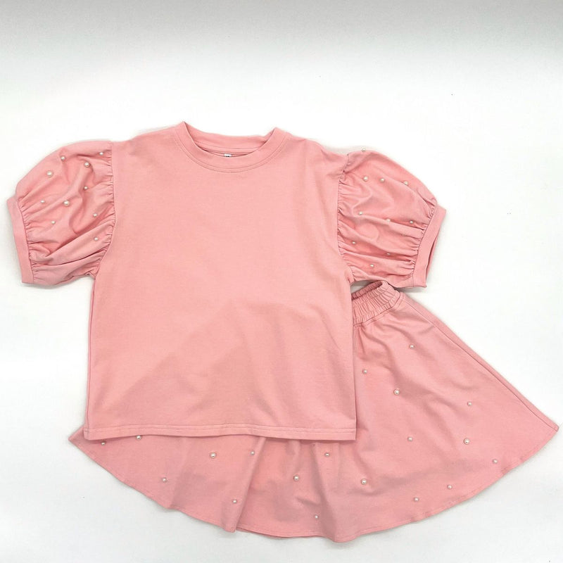 BLENDED SPIRIT PINK PUFF SLEEVE PEARL SKORT SET PINK