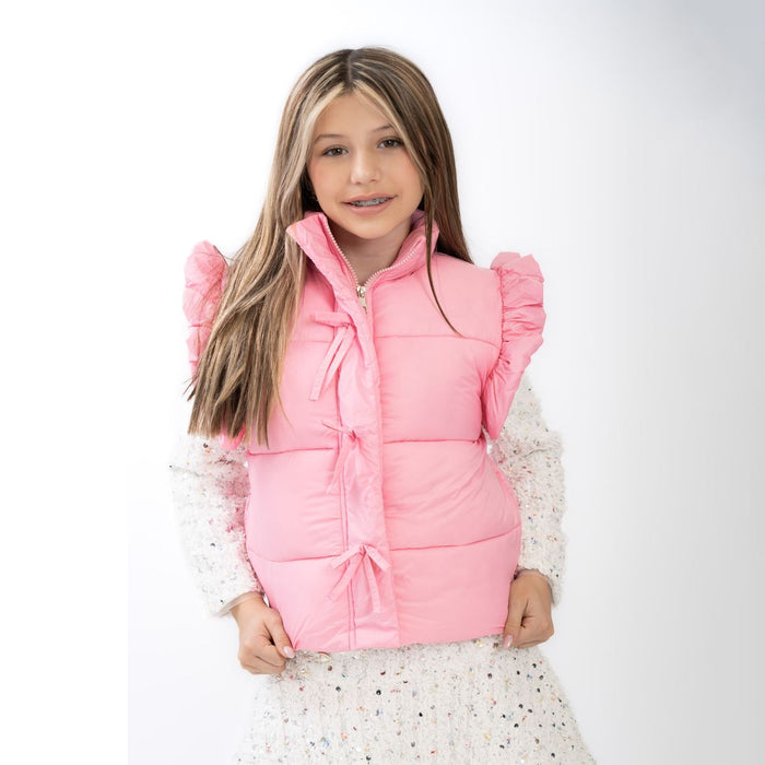 TWEEN STYLE RUFFLE PUFFER VEST WITH FRONT BOWS