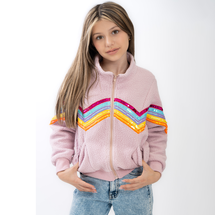 TWEENSTYLE SEQUIN RAINBOW TRIM SHERPA JACKET