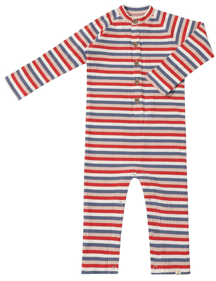 ME & HENRY RIBBED HENLEY ROMPER RED/BLUE/BEIGE
