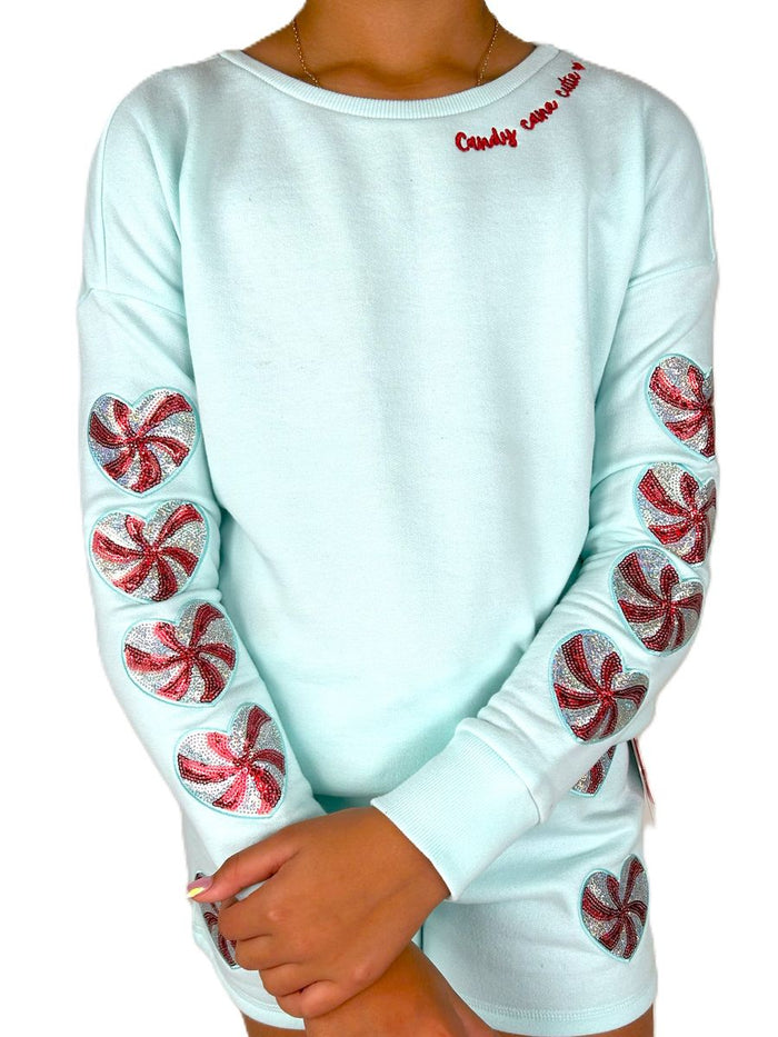 PAPER FLOWER SEQUINS CANDY CANE CUTIE SWEATSHIRT