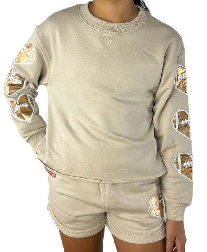 PAPER FLOWER FOOTBALL HEART SLEEVE APPLIQUE SWEATSHIRT