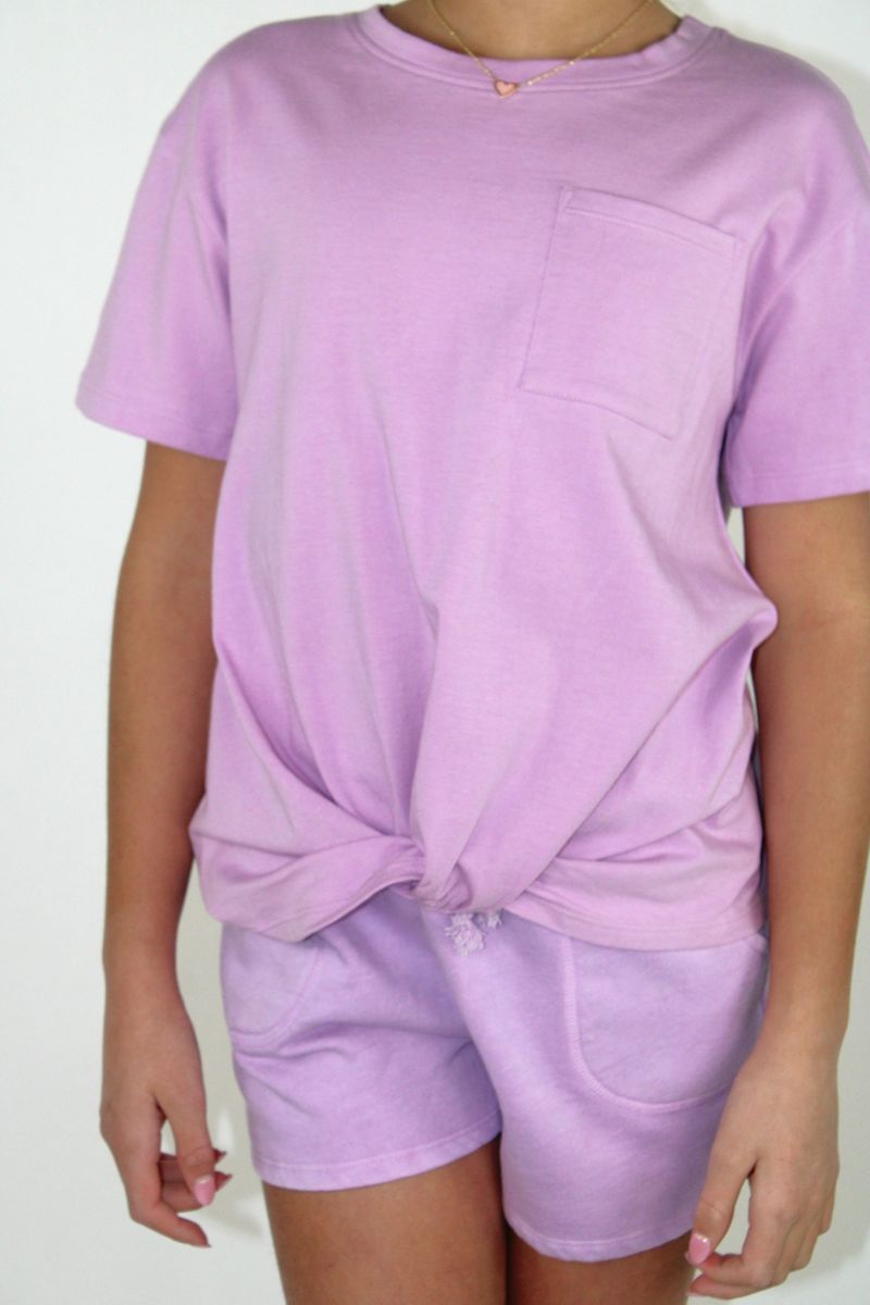 PAPER FLOWER TWEEN KNOT FRONT POCKET PURPLE TEE