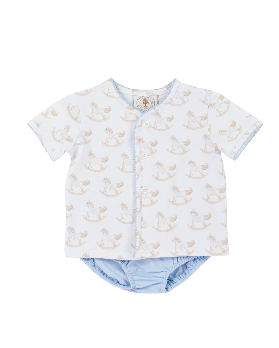 Baby outfit with white shirt and blue shorts featuring anchor pattern on a white background