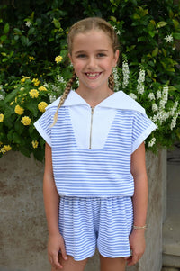 PLEAT CALLIE TOP BLUE/WHITE FRENCH TERRY