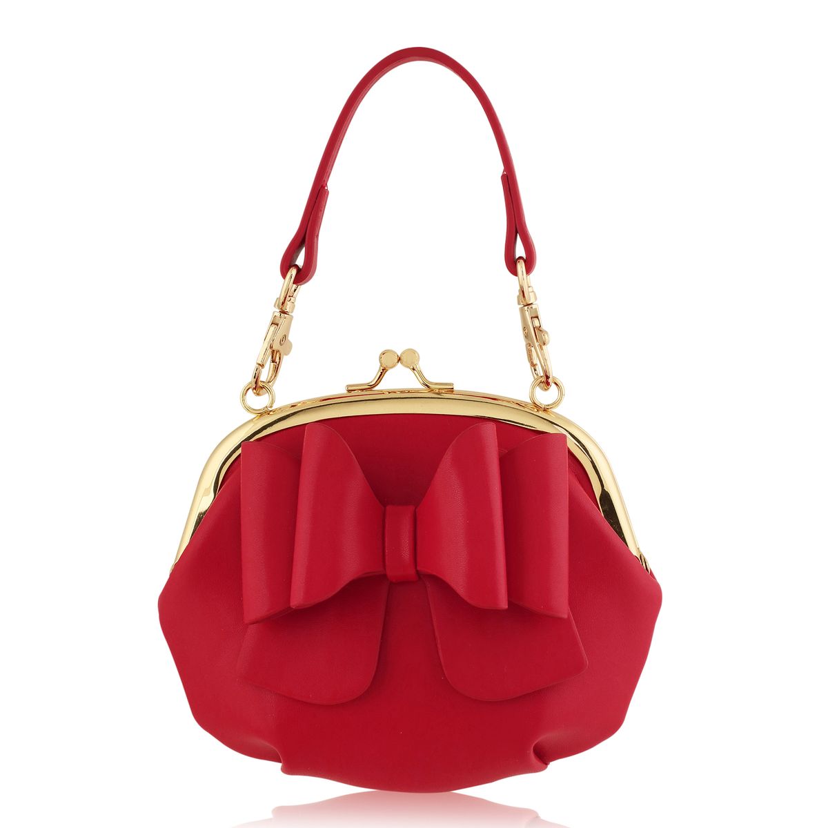 A red faux leather kiss-lock handbag with a large bow on the front, gold-tone metal frame, and a matching red shoulder strap, shown on a white background.