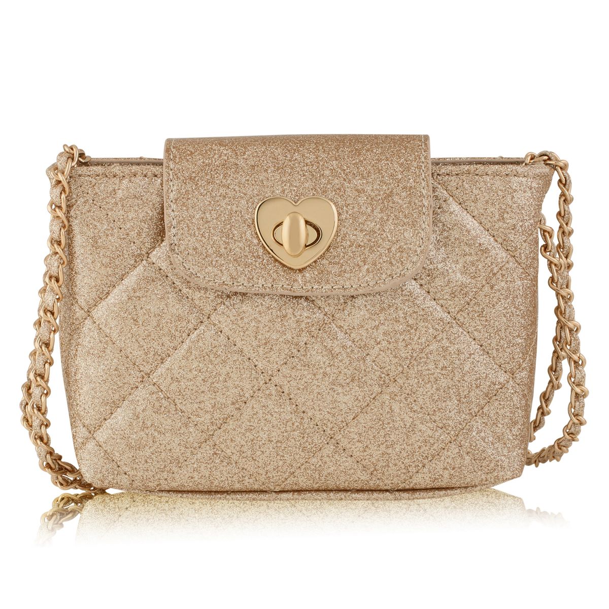 A small quilted shoulder bag in a textured champagne gold finish, featuring a gold heart-shaped clasp on the front flap and a gold chain strap, set against a plain white background.