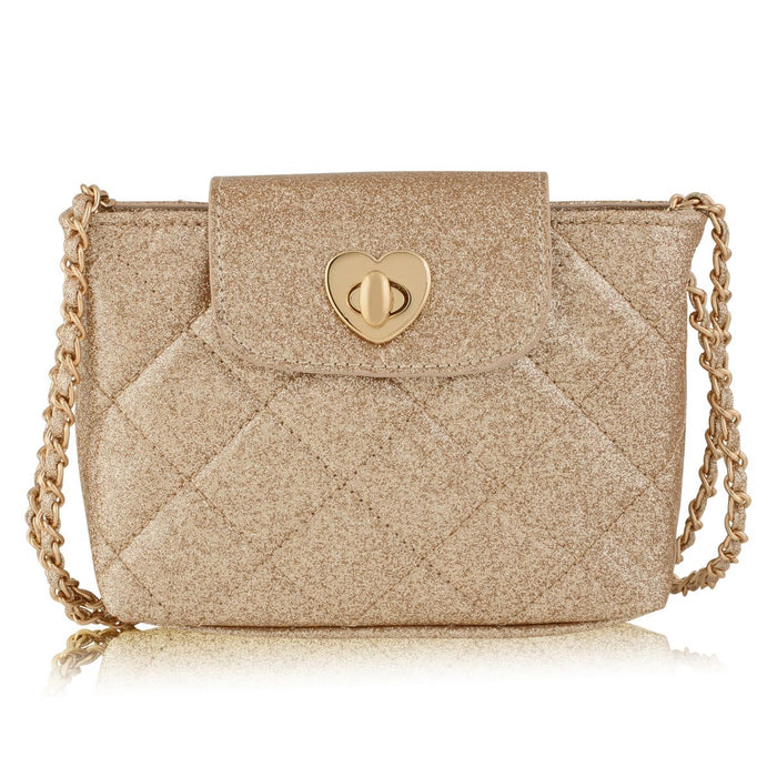 A small quilted shoulder bag in a textured champagne gold finish, featuring a gold heart-shaped clasp on the front flap and a gold chain strap, set against a plain white background.